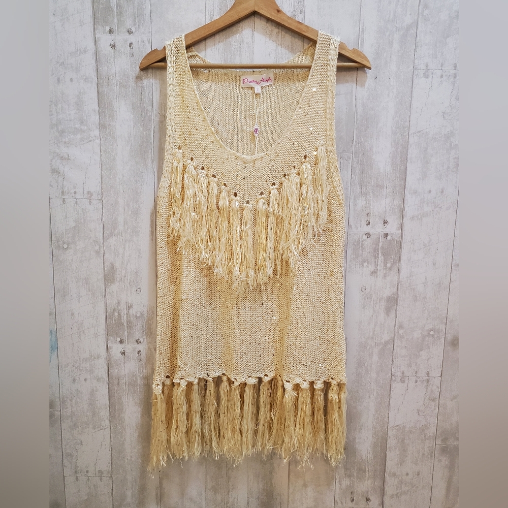 NWT Beige Gold Sequin Fringe Linen Blend Crochet Knit Mini Dress